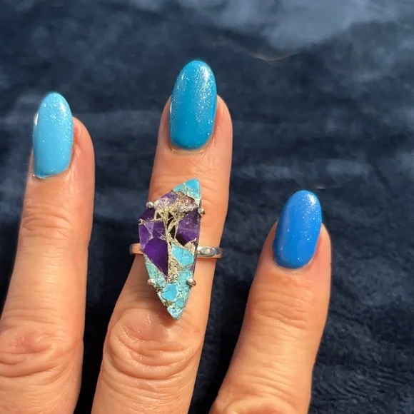 Elegant Purple and Blue Turquoise Sterling Silver Statement Adjustable Ring - Picture 1 of 6